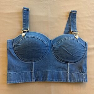 Cool Attitude Womens Denim Bustier Crop Top Medium Wash Overall Straps Blue